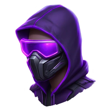 Side view developer behind his laptop with this style : crysis Cyberpunk Valorant neon glowing bright purple character purple violet black hooded assassin themed character sticker