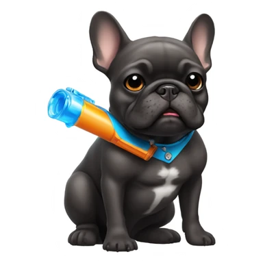 dark brawn french bulldog holding  a water pistol sticker