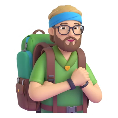 adventurer with goatee beard (no beard on cheeks), short hair, glasses, bandana on head and backpack sticker