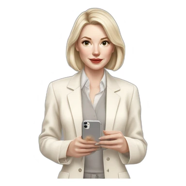 pale skin woman with ash blonde Straightened bob Hair, White Spacious classical jacket, beige palazzo Arrow pants and gray blouse holding white IPhone 15 pro in the hands sticker
