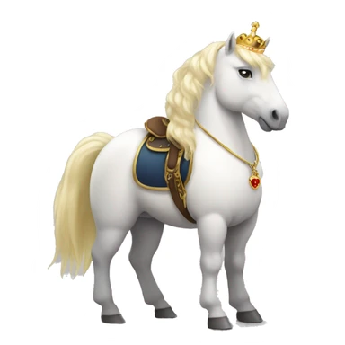 Fatty white pony with blonde hair. It needs to be a standing position, with a gold crown and lots of jewelry. It needs to have a red and gold saddle. Please add lots jewelry detail sticker