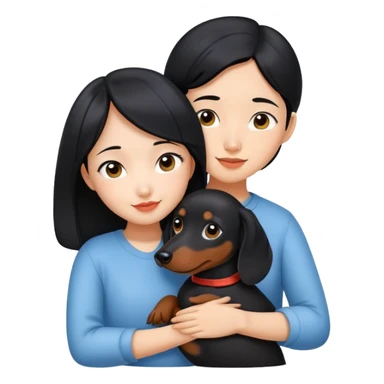black hair asian girl hugging black dachshund sticker