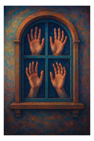 a window with hands, surreal and imaginative style sticker