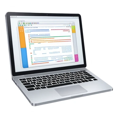 An icon featuring a laptop screen with colorful lines of code, brackets, and a blinking cursor, symbolizing programming. The design includes flowcharts, gear icons, and binary code, representing software development and logical problem-solving. Transparent background highlights the world of coding. sticker