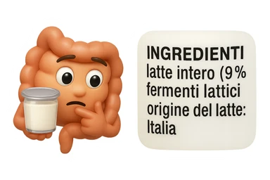 EMOJI STILE IPHONE 3D DI UN INTESTINO CHE HA IN MANO UN BARATTOLO DI YOGURT CONFEZIONATO DA SUPERMERCATO E LEGGE L'ETICHETTA NUTRIZIONALE CON GLI INGREDIENTI IN ITALIANO, ACCANTO ALLO YOGURT CHE HA IN MANO C'è UN FOCUS SULL'ETICHETTA CON GLI INGREDIENTI SCRITTI sticker