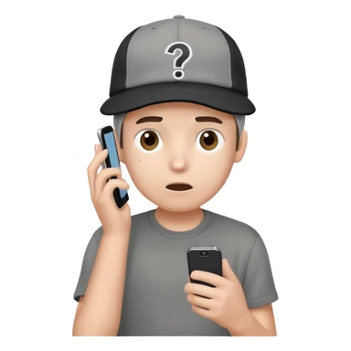 A boy with a gray shirt and a black and white cap on his head very confused holding a phone with question marks on top of his cap  sticker
