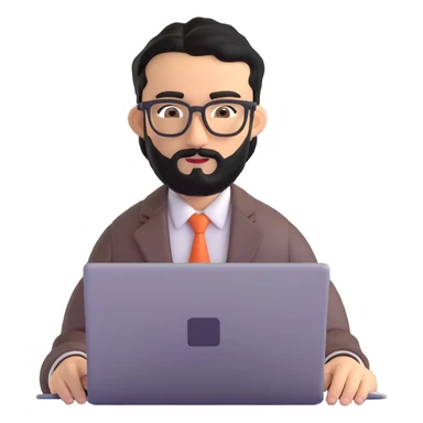 professional man with medium black beard, neat black hair, connected unibrow, olive tan skin, brown eyes, glasses, prominent nose, wearing business casual attire, typing on laptop, slightly turned to the side sticker