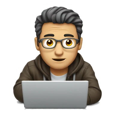 a guy thinking with a compuer sticker