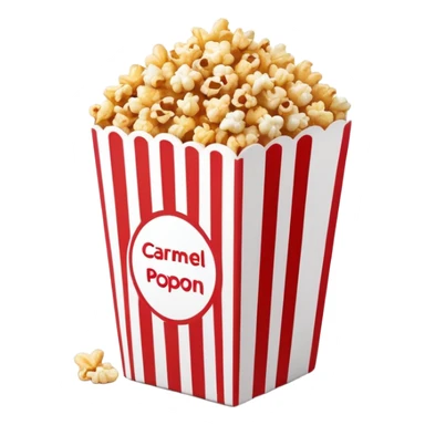 minimalist caramel popcorn box with thin red and white stripes, tiny popcorn pieces visible, clean simple design, Apple emoji style sticker