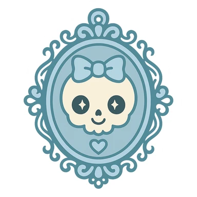 cameo necklace in pastel goth style, pastel blue and white, ornate frame, cute gothic vibe sticker