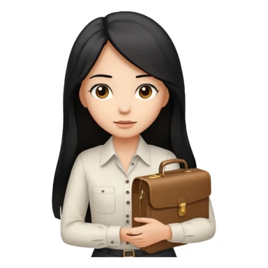 a light tan woman with long black hair past mid-back, round brown eyes, white button up shirt. holding manila case files in her hands. sticker