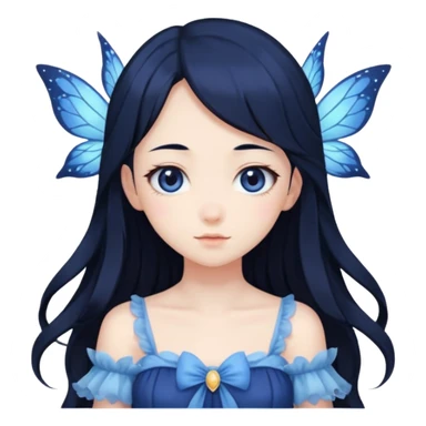 Gothic anime fairy with long beautiful black hair and dark blue dress, pastelcore, sticker