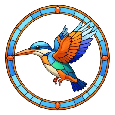 Create an abstract outline of flying kingfisher. Do make it too detailed but make it recognizable. Keep the number of colors limited to only 5 distinct colors.  sticker