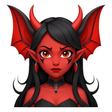 demon girl, skin red , black long hair, small horns, pointed ears, bat wing, black open-back dress, bold black outlines, red+black palette sticker