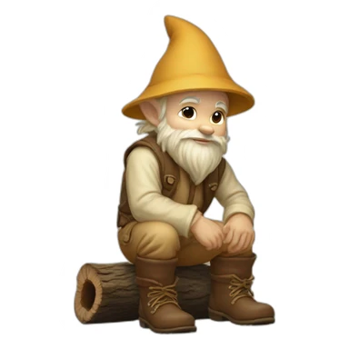 side view angle of gnome with light tan pants and light tan boots squatting on top of small brown log sticker