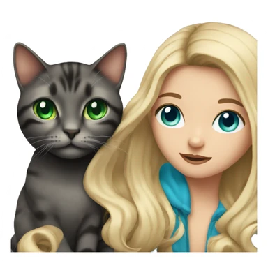 girl with blue eyes, with flowing blond hair with black tabby cat with green eyes sticker