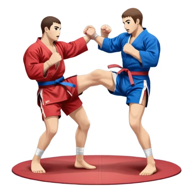 Two Sambo fighters in blue and red kimonos, with shorts and wrestling shoes, performing grappling and throwing techniques. The background shows a wrestling mat and an intense, focused atmosphere. Transparent background highlights the fluidity and skill of the sport without strikes. sticker