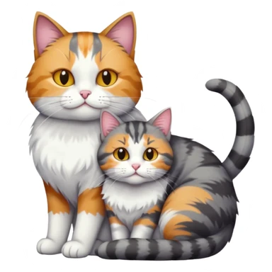 full body colourful light patched calico + white tabby cat cuddling a bigger cat that is dark grey and white tabby cat  sticker
