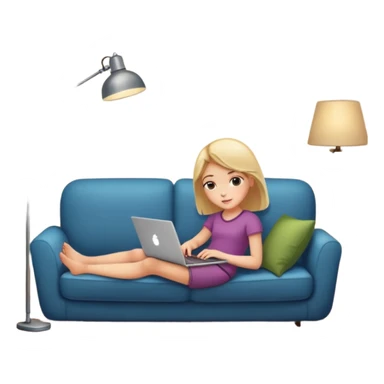 A girl is working with a laptop while lying on a sofa, with a floor lamp to the right. sticker