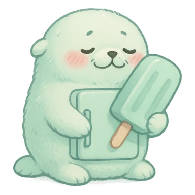 soft fluffy seal as a tiny refrigerator, hugging a popsicle, blushing, soft mint palette, full-body sticker