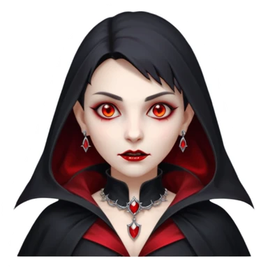 vampire village woman portrait, head and shoulders only, dark gothic cloak collar, sharp fangs, red glowing eyes, elegant yet eerie expression, subtle jewelry, 3D cartoon, mobile game icon style, clean background, no text, no watermark sticker