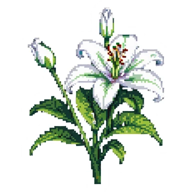 white lily flower with six petals, bud, and green leaves sticker