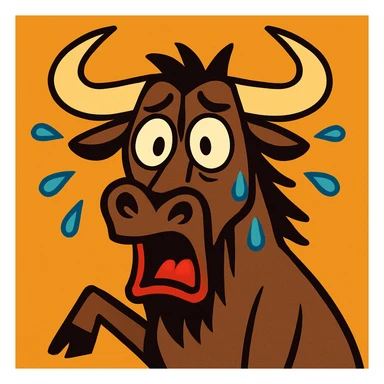 cartoon gnu with sweat drops and shocked face, bold animated cartoon style sticker