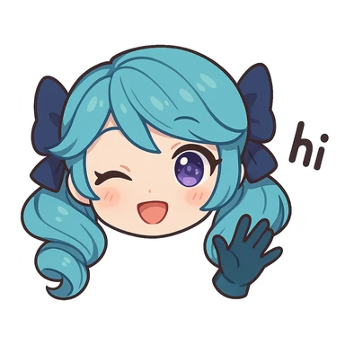 Gwen from League of Legends, chibi style, only head, right eye purple, one hand waving with glove, hi emote, sparkly eyes, no text sticker