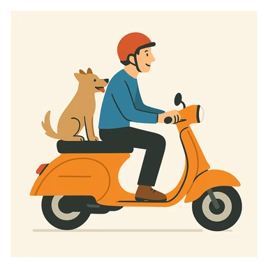 vector art of a man and his pet dog riding a vespa, for website design  sticker