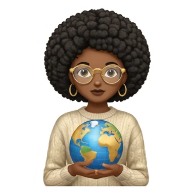 a young woman wearing gold round glasses and black afro hair, she has medium-dark skin, she's wearing a sweater and she's holding a globe in her hand sticker