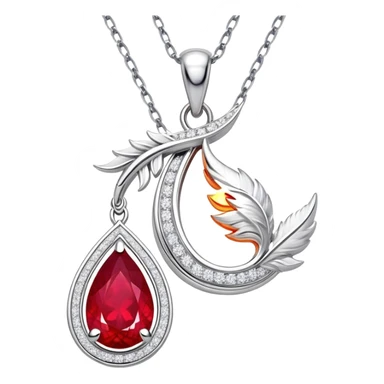 teardrop ruby pendant with fiery light, tiny phoenix feather emerging, haloed by shimmering white stones, silver chain like liquid moonlight sticker