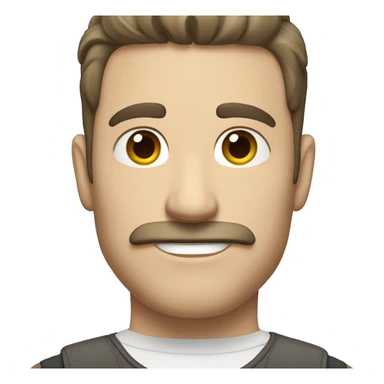 White man, straight and dark hair with a small crest, mustache, and sparse beard sticker