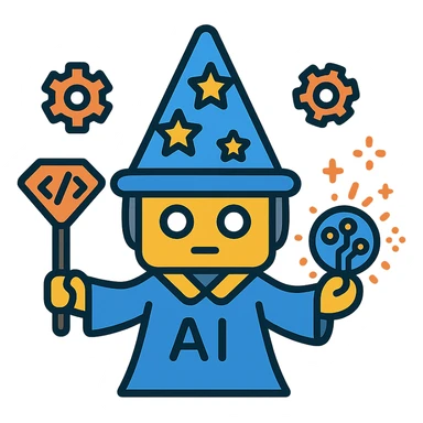 vector style mini AI wizard with gears floating around, holding a code wand, circuit orb emitting magical automation sparks, flat color, tech-inspired design sticker