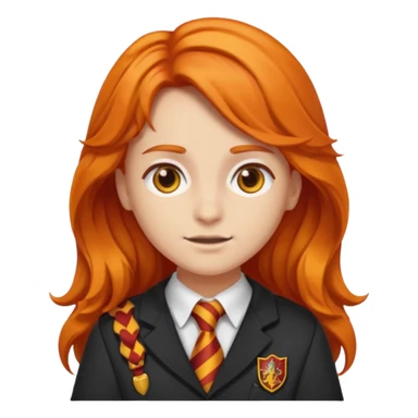 A iphone emoji with long wavy fierce orange hair and hazel eyes, wearing Gryffindor school uniform sticker