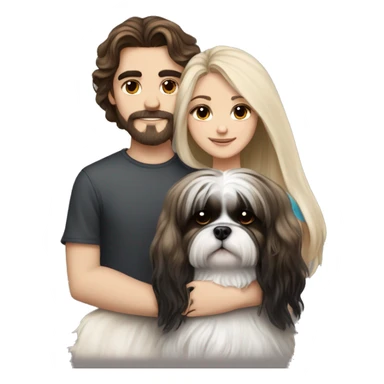 A couple, one very beautiful girl with very long volume hair brown and blond and one boy with perfect hair that hugs her and also hugs two black and white shih tzu sticker