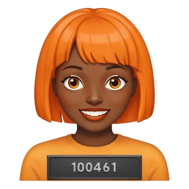 dark skinned Black woman with orange bob wig like Chucky's hair, visible plaque on her teeth sticker