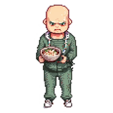 Pixel art thug in tracksuit, holding chain in Hand, bald head, angry expression, side view, retro arcade sprite 
Takes a plate of noodles in hand.  sticker