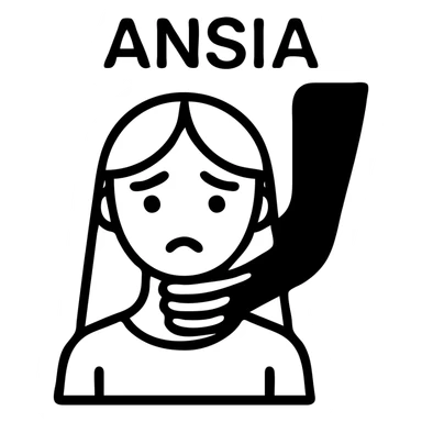Stylized woman in black and white with an anxious expression, a large black shadow gripping her, text 'ANSIA' above the head, similar style to the reference, variant 5. sticker