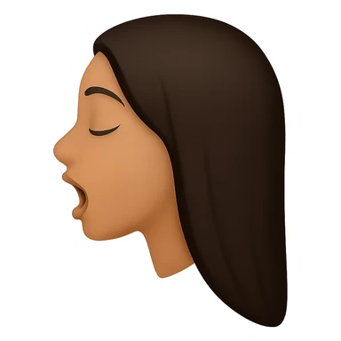 Create a side view (profile) of this woman's head in the normal iPhone emoji style, with closed eyes and an open mouth, smooth shading, no outlines, and long dark hair. Variant 3. The style should replicate the smooth shading and no outlines typical of the iPhone emoji style. sticker