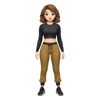 Girl with brown wavy hair, dream body ( small waist, wild hips and big glute) in black long sleev sticky top, grey jogger sticker