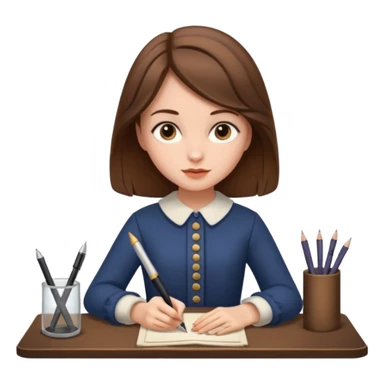 a girl is Writing in a Paper in a vintage outfit with old type pen  sticker