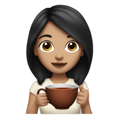 White girl with black hair holding tea sticker