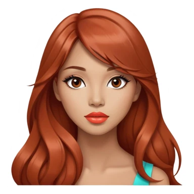 gorgeous woman, light tan skin, very long auburn hair, side bangs, black eyes, coral lipstick, model, latina, asian, mixed sticker