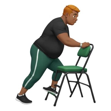 גבר זקן ג'ינג'י מלא כוסע שחור הפוך חולמה שחורה ומכנסיים ירוקות ארוכות מבצע תרגיל לאנג' בתמיכת כיסא מהצד sticker