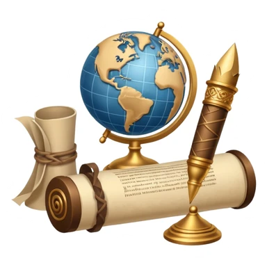 An icon featuring an ancient scroll, a quill pen, and a globe, symbolizing the study of history. The design includes a timeline with significant historical events, with ruins in the background to evoke past civilizations. Transparent background emphasizes the exploration of human history sticker