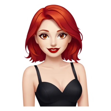 a woman with red hair and red eyes. The woman wear a black little cutted dress. She have red lipstick and she have a seductive look and smile sticker