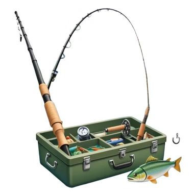 Icon for Fishing Travel: a fishing rod, tackle box and a boat on a calm lake surrounded by mountains and lush greenery, with fish jumping out of the water. The icon should capture the peaceful and adventurous nature of fishing trips. Transparent background. sticker
