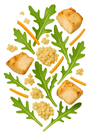 EMOJI STILE IPHONE DI Insalata di quinoa e pollo con rucola e carote che cade verticalmente dall'alto, iperrealistica 4k sticker