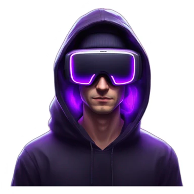 Russian man in the black hoody with violet OMG VR logo on it wearing vr headset. Cyberpunk style. Violet neon. sticker