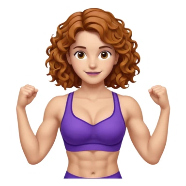 big biceps, muscled torso, very beautiful italian happy girl, looking like Emma Watson, with wavy curly bright hazelnut hair, dressed in violet bra sports outfit, very muscled sticker